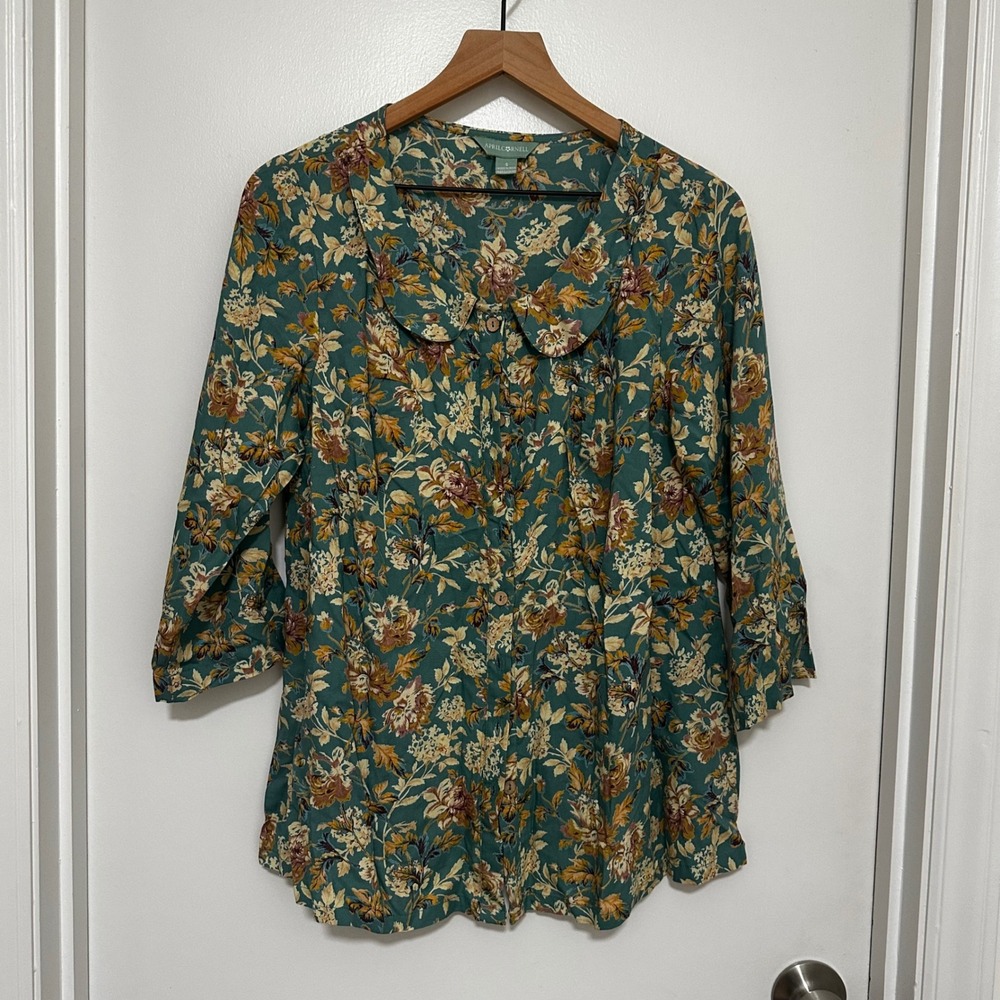 April Cornell | Women's Teal Floral Peter Pan Collar Button Front Blouse, Size S
